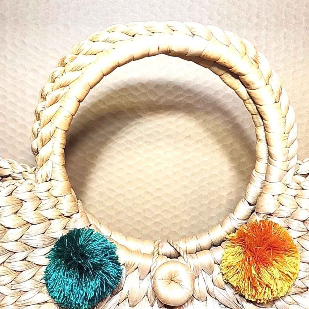 Woven, Rattan Bag, Purse  round Handle with Colorful Pom Poms. New. No tags. - Picture 3 of 7